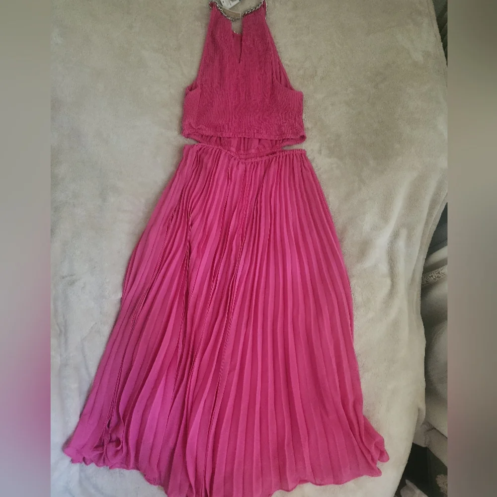 Michael Kors Halter Neck Pleated Cut-out Midi Dress cerise/pink Sz M BNWT
